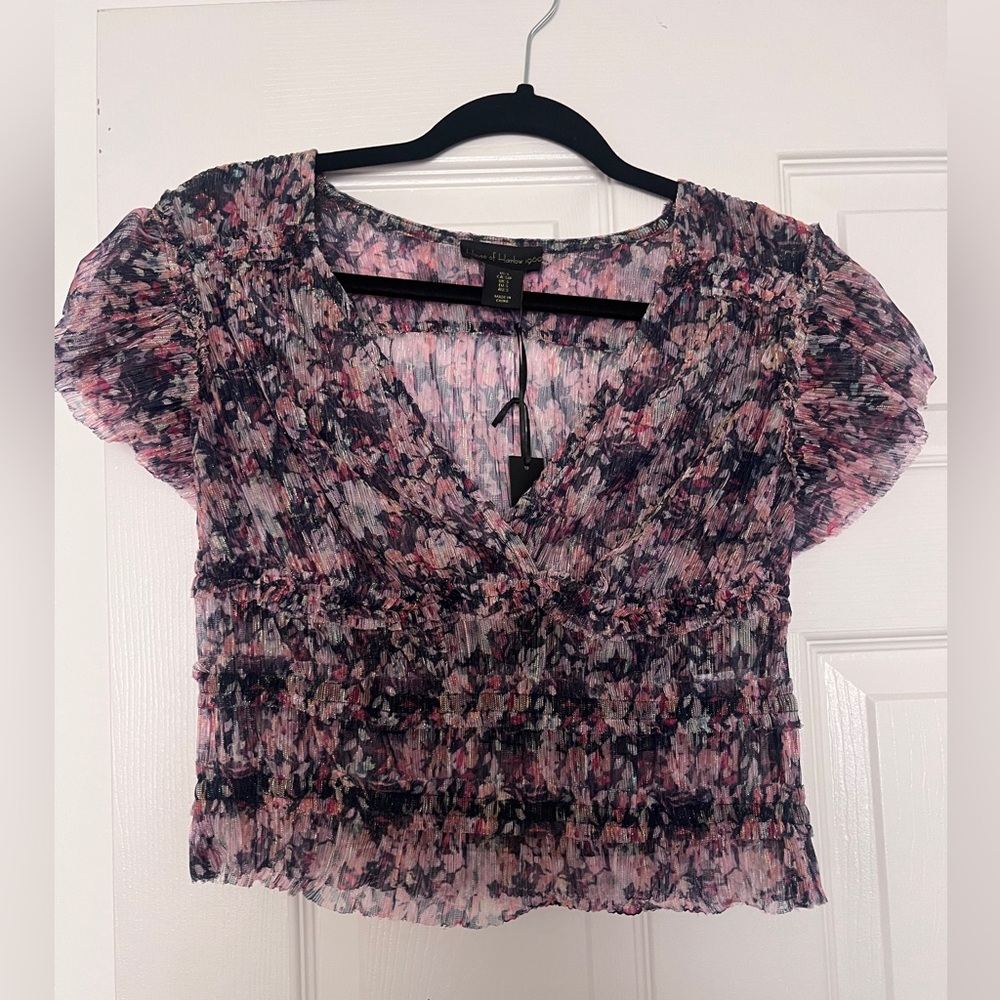 House of Harlow 1960 black shimmer cropped sheer blouse top.